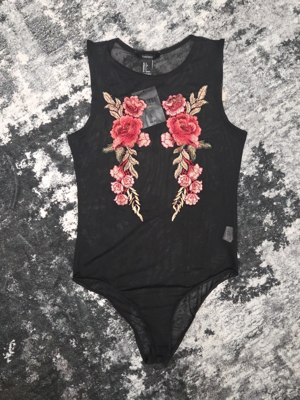 Forever 21 Floral Embroidered Mesh Bodysuit Size L NWT